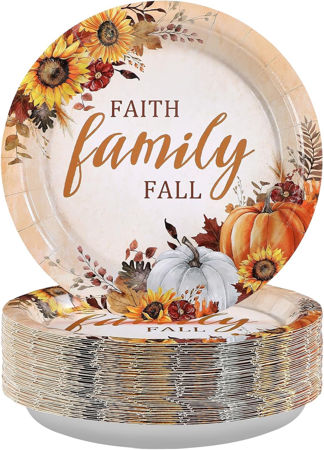 Grencian 50Pcs Fall Faith Family Party Plates 9in Disposable Heavy Duty Fall Pumpkin Sunflower Desert Paper Plates for Autumn Thanksgiving Harvest Reunion Party Decorations Serve 50
