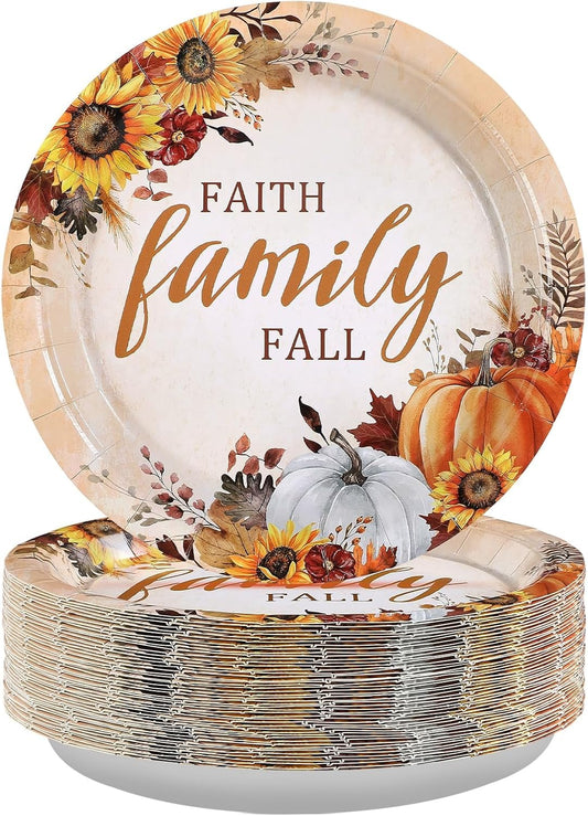 Grencian 50Pcs Fall Faith Family Party Plates 9in Disposable Heavy Duty Fall Pumpkin Sunflower Desert Paper Plates for Autumn Thanksgiving Harvest Reunion Party Decorations Serve 50