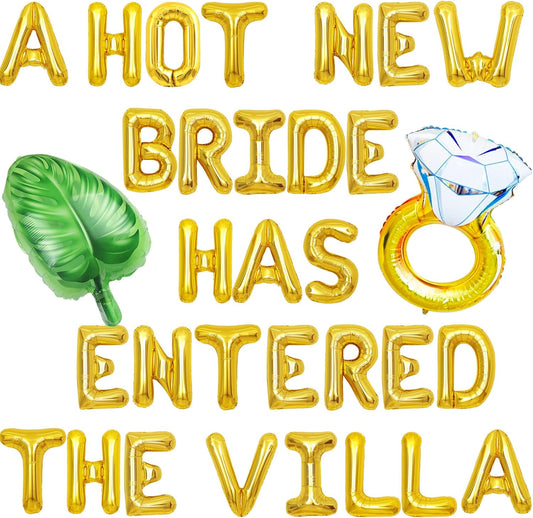 A Hot New Bride Has Entered The Villa Banner Balloons Palm Tree Ring Mylar Balloon for Love Island Themed Bachelorette Party Decorations