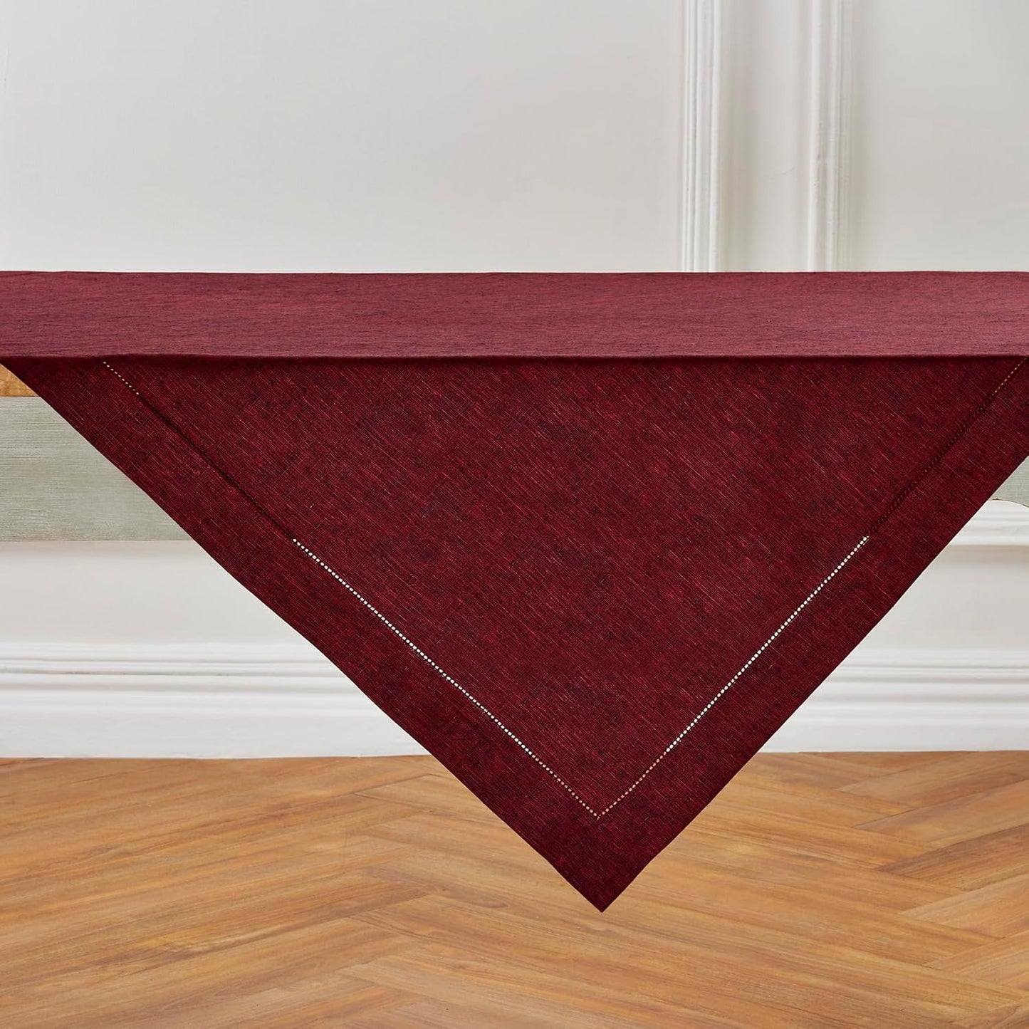Solino Home Linen Square Tablecloth 52 x 52 Inch - 100% Pure Linen Red Garnet Table Throw - Milan Hemstitch, Machine Washable Table Cloth for Fall, Autumn, Thanksgiving, Christmas, Holiday