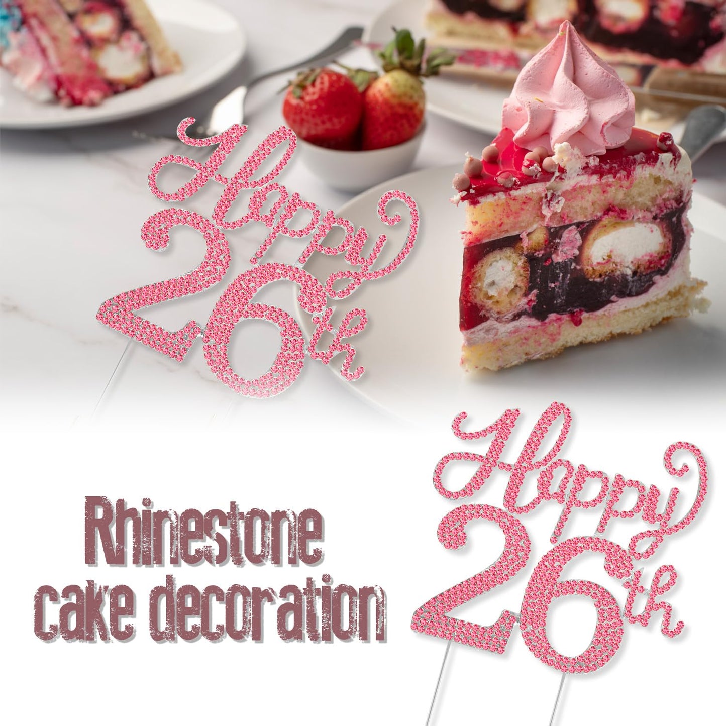 Happy 26th Birthday Decorations,26th Birthday Silver & Red Rhinestone Cake Topper - Cheers to 26 Years Old Bday Party Metal Sparkly Cake Centerpieces Sign.