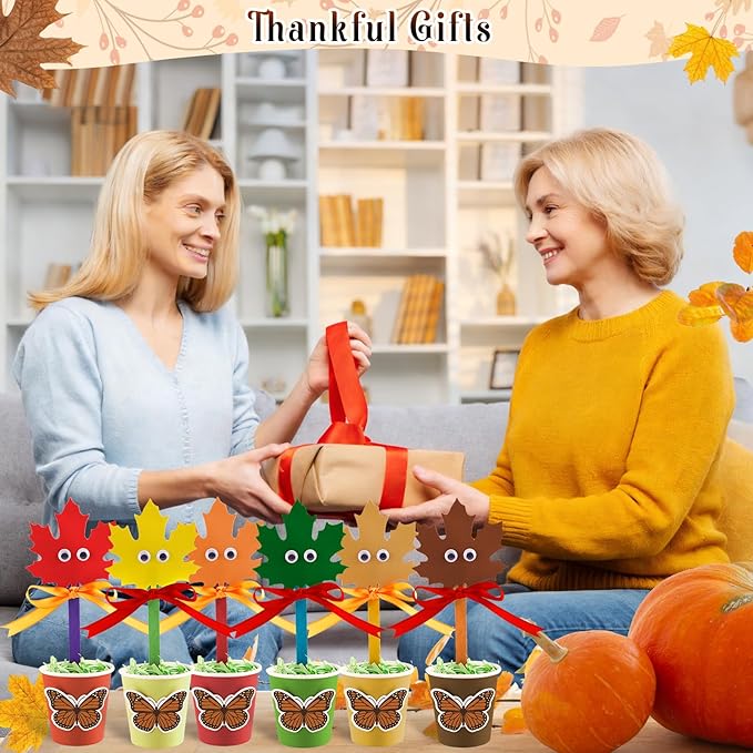 30 Set Fall Flower Paper Pot Craft Kits - Make Your own Standing Autumn Maple Leaf Gift Crafts Decorations,DIY Thankful Flower Pot Decor Home School Classroom Art Activities for Thanksgiving