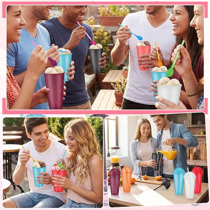 6 Set Slushie Cups with Dome Lids and Straws Detachable Spoon Straws Reusable Plastic Iced Coffee Cups Smoothie Tumbler for Birthdays Summer Party Supplies(Dark Colors,24 oz)