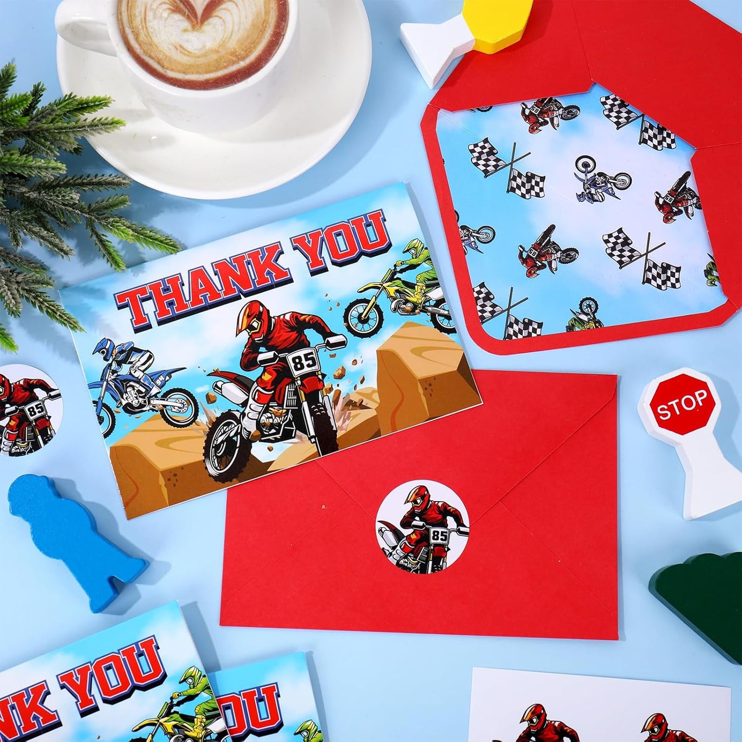 24 Pack Motorcyclist Thank You Cards Dirt Bike Greeting Cards With Envelopes Stickers Red Motocross Blank Note Card for Birthday Baby Shower