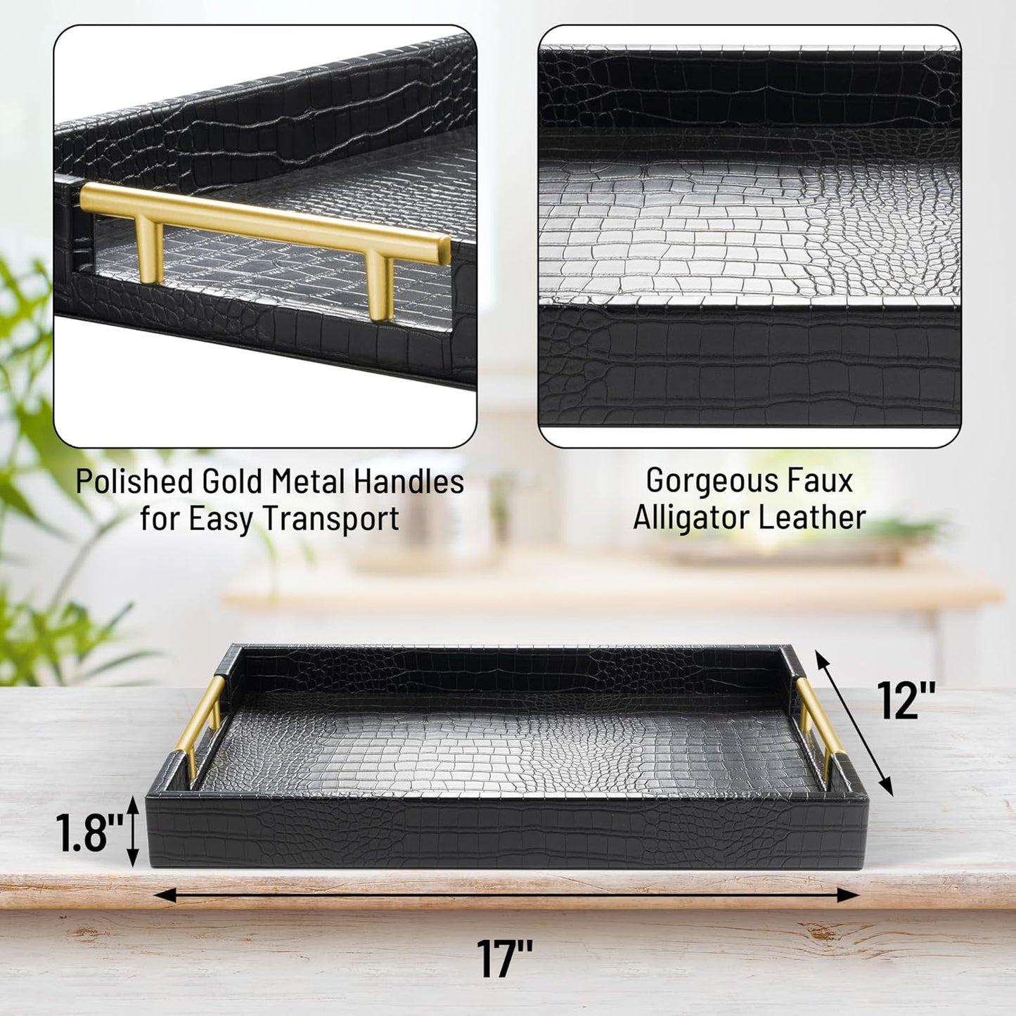 17" x 12" Wood Serving Tray with Gold Polished Metal Handles, Home Decorative Wooden Rectangle Ottoman Leather Decor Platter Bathroom Vanity Tray for All Occasions Alligator Black