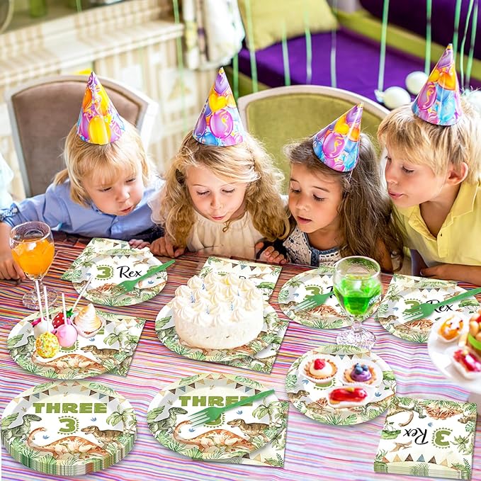 96PCS Dinosaur 3rd Birthday Party Paper Plates and Napkins and Forks Set Watercolor Dino Rex Tableware Set Three Rex Theme Dinnerware Paper Plates for Kids Birthday Gatherings Decorations