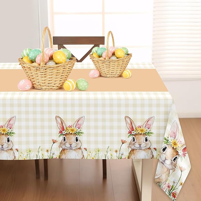 Childom 2 Pack Easter Tablecloth,Easter Decorations 54" x 108" Disposable Plastic Tablecloth,Bunny Table Cloth Checkered Decorations,Plastic Table Cover for Party Supplies,Indoor,Outside,Home,Dinner