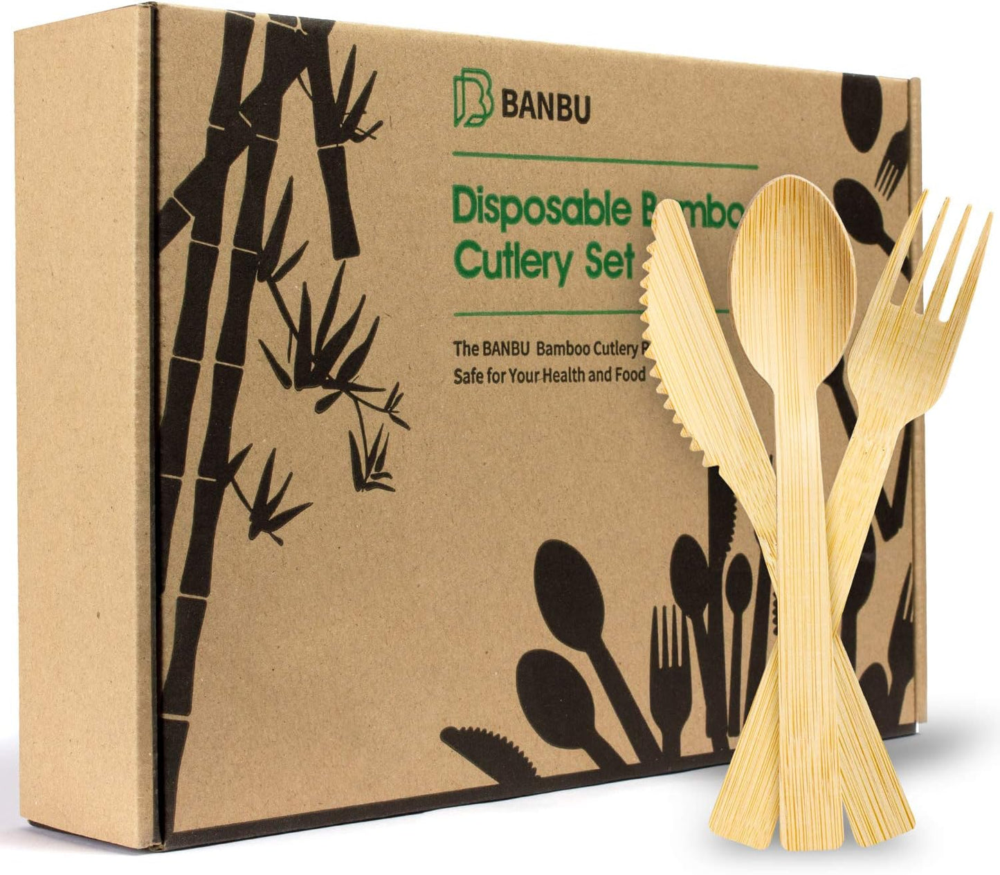 Bamboo Disposable Utensils Set-180PK: (6.7” 60 Forks 60 Spoons 60 Knives) Eco Friendly Natural Compostable Biodegradable Bamboo Cutlery Disposable Forks Knives and Spoons Set