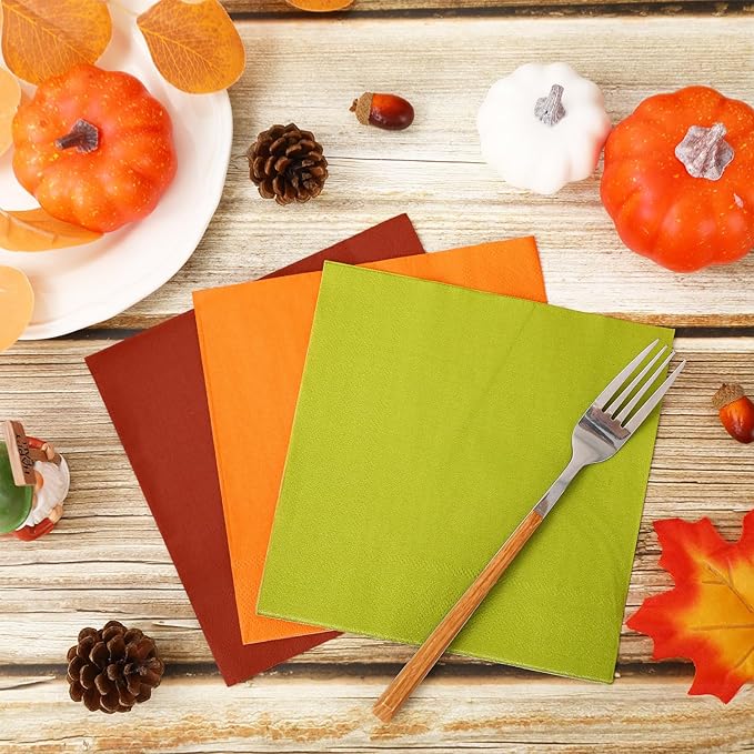 Whaline Fall Thanksgiving Paper Napkin Orange Red Green Dinner Napkin 3 Colors Disposable Luncheon Napkin for Party Supplies Table Decorations, 150 Pcs
