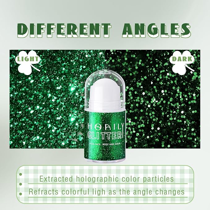 HOSAILY Roll-on Green Body Glitter Gel for Face Hair, St Patricks Day Accessories, Chunky Mermaid Sequins Halloween Festival Party Rave Outfits Christmas Face Paint Glitter Makeup for Women Kids