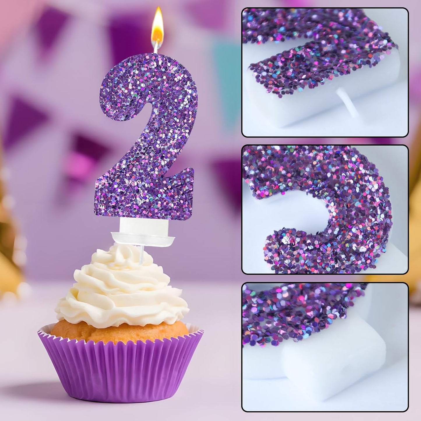 Birthday Number Candles, Glitter Number Candle Cake Decorations with Sequins, Cupcake Decorations for Girls, Women, Party Anniversary Celebrations (Number 2, Purple)