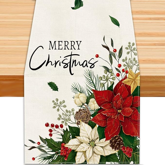 Merry Christmas Winter Table Runner, 13x72 inch Red Floral Holly Berry Vintage Xmas Seasonal Holiday Kitchen Dining Table Runners for Home Indoor Mantel Party Farmhouse Decoration