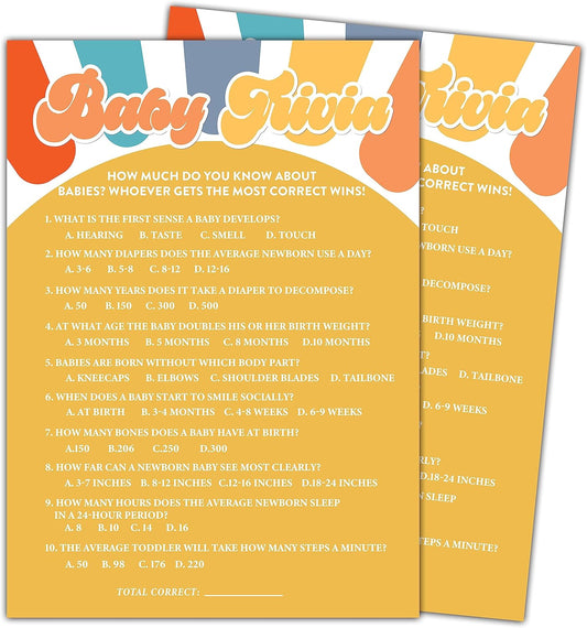 Boho Sunshine Baby Shower Games for Boy, 30 Baby Trivia Game Cards with 1 Answer Card, Gender Reveal Party Supplies Favors (5"x7") -A08