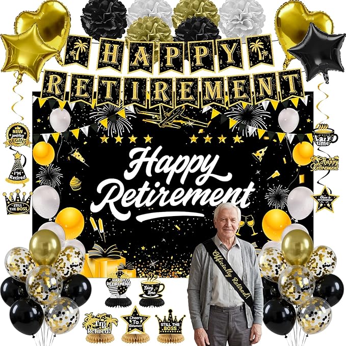 Retirement Party Decorations, Black Gold Happy Retirement Decorations for Women Men Happy Banner & Backdrop Hanging Swirls Foil Balloon Retire Sash Paper PomPoms and Honeycomb Centerpieces