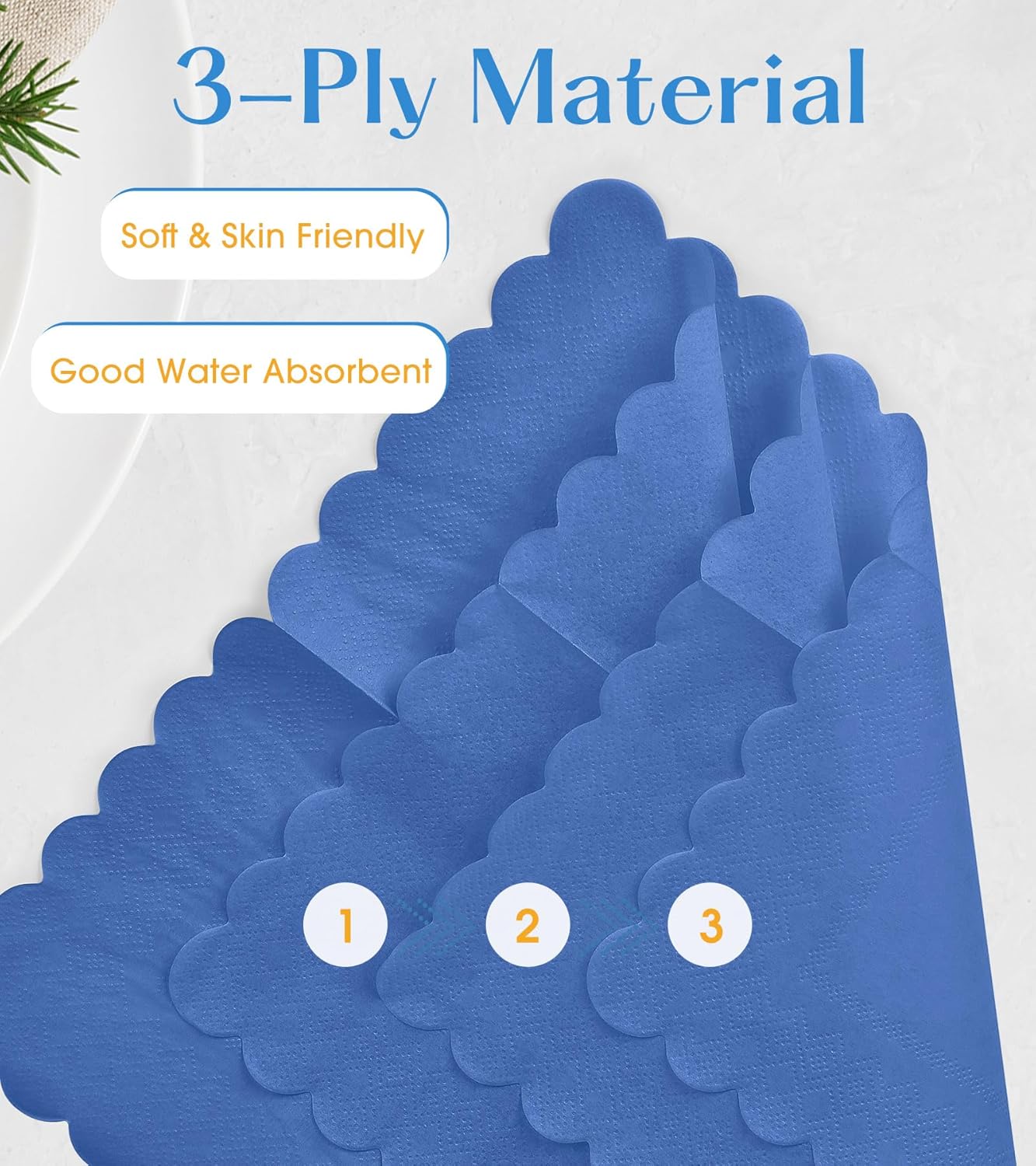 100 Pack Cocktail Napkins, 3-Ply Scalloped Edged Wedding Napkins Folded 5 x 5 Inches Dessert Napkins, Disposable Napkins for Dinner Birthday Party Bridal Anniversary Baby Shower Reception (Navy Blue)