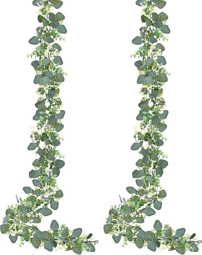 Sggvecsy 2 Pack Artificial Eucalyptus Garland Eucalyptus Leaves Vines Greenery Garland Faux Silver Dollar Eucalyptus Leaves for Table Party Wedding Indoor Outdoor Home Mantle Wall Decor