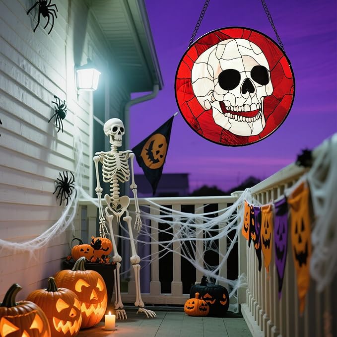 Stained Glass Window Hanging - Halloween Decoration White Skeleton Skull Suncatcher for Door Garden Spooky Red Sun Catchers Gothic Decor Horror Gifts for Women Men Friend Boy Girl 7.8 in