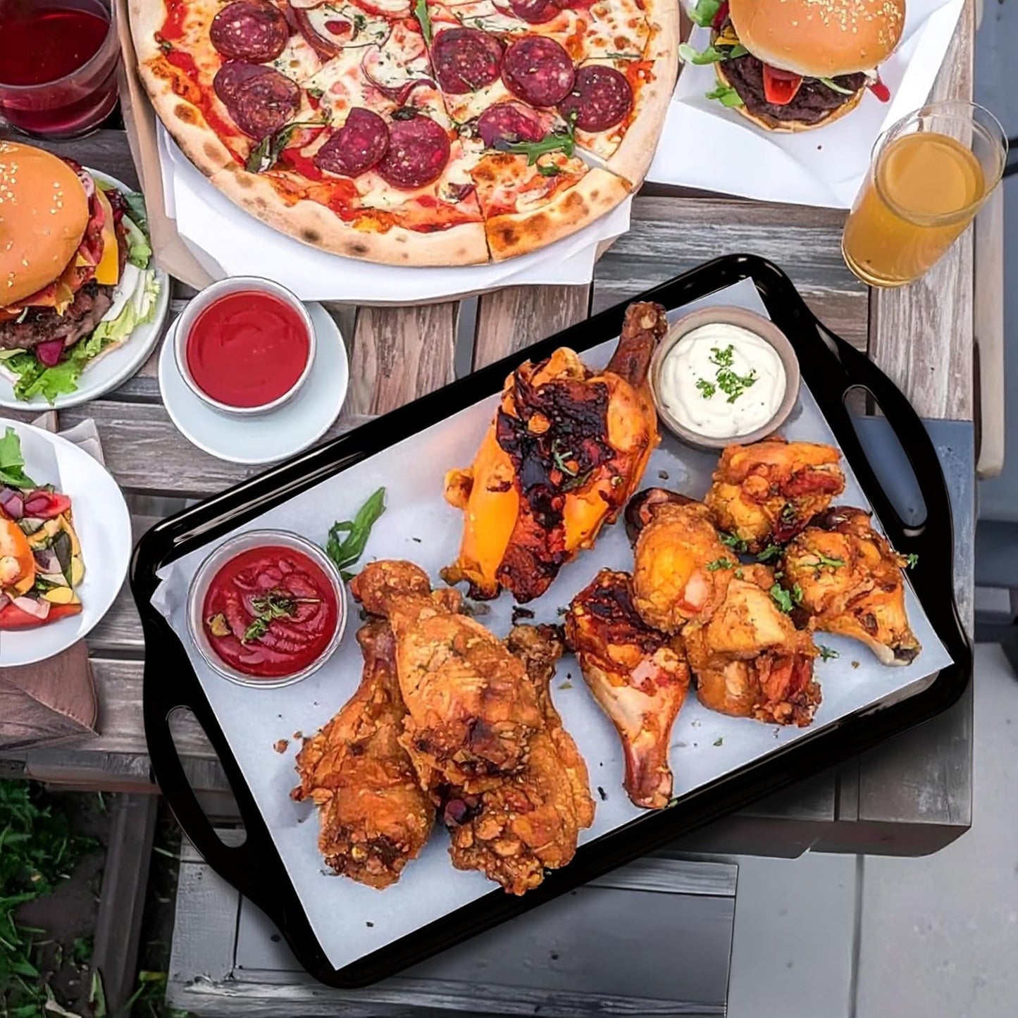 Extra Large Black Serving Tray with Handles, 19''x11.6'' Halloween Melamine Platters, Rectangular Trays for Serving Food, Turkey, Cookie, Cupcakes, Desserts, Dishwasher Safe, BPA-Free, Set of 2