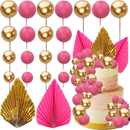 Ephlyn 28Pcs Paper Palm Fan Cake Topper Balls Cake Pick Decoration for Baby Shower Wedding Bridal Shower Birthday Anniversary Party DIY Cake Decorations Supplies Gold Rose Red