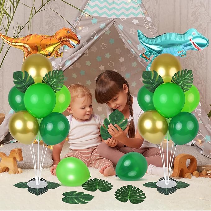 6 Sets Jungle Safari Balloon Stand Kit for Table Gold Green Balloons Dinosaur Party Tables Centerpiece with Palm Leaves for Animal Wild One Birthday Baby Shower St Patricks Day Party Supplies