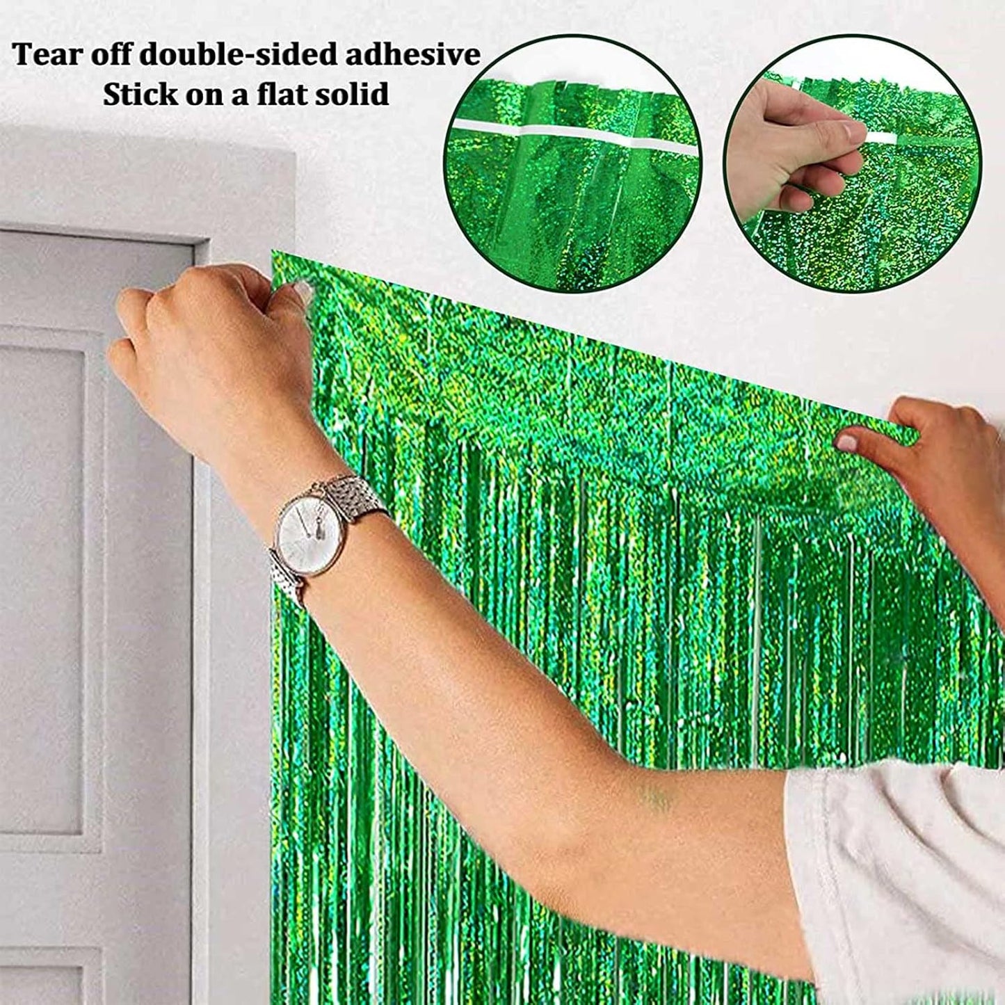 4 Pack Green Foil Fringe Curtain Backdrop, 3.28Ft x 6.56Ft Metallic Tinsel Foil Fringe Streamers Curtains for Photo Booth, Wedding, Thanksgiving, Birthday, Christmas, Halloween Party Decoration