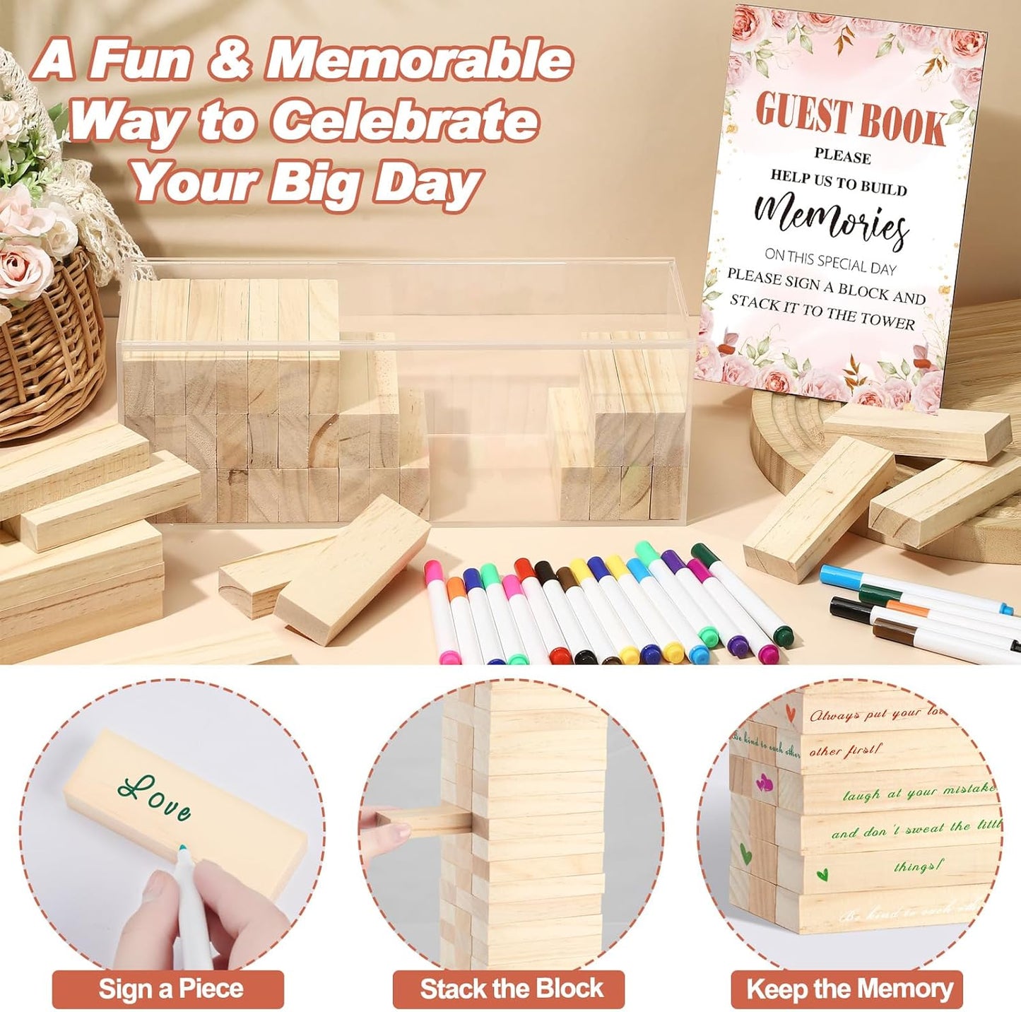 80 Pcs Wedding Guest Book Alternative Wooden Block Guest Book for Wedding Sign in Bridal Shower Decoration Wooden Block Bridal Shower Game for Sign in, Reception(Floral)