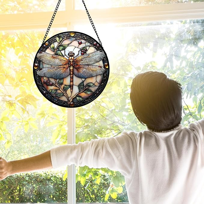 Stained Glass Window Hanging - Dragonfly Plant Suncatcher Ready to Hang Window Doors Home Decoration, Christmas, Mother's Day Birthday Gifts for Women, Men, and Mom 7.8x7.8 in