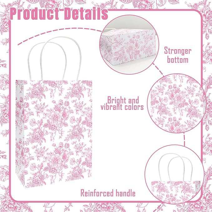 JarThenaAMCS 24Pcs Pink Floral Paper Bag Vintage Flower Candy Treat Bags with Handles Chinoiserie Grocery Shopping Bag for Birthday Wedding Party Favors Supplies