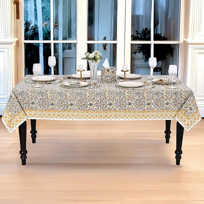 Ridhi Hand Block Print Goldenrod Yellow Rectangle Cotton Tablecloth 140" x 72" Reusable Table Cover Decorative Everyday Use for Dining, Farmhouse, Home Gift for Spring, Easter, Valentine