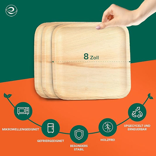 ECO SOUL 8 Inch Disposable Palm Leaf Plates [400 Pack] Premium Food-Safe Heavy Duty Compostable Bamboo Paper Plates for Lunch, Dinner, Birthday, Weddings, Party, Camping & Catering Events [Square]