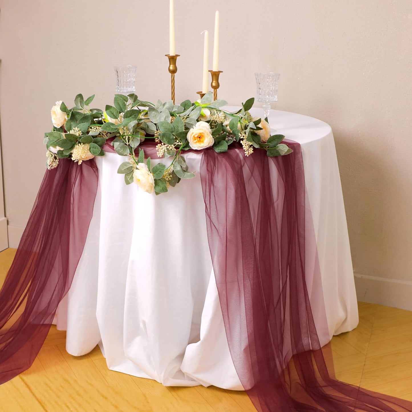 Snowkingdom Burgundy Red Fall Thanksgiving Table Runner, 10 FT Sheer Gauze Tulle Cheesecloth Fabric, Boho Elegant Table Decoration for Home Party Wedding Birthday Baby Shower Christmas Holiday