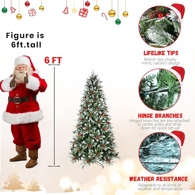 6FT Frosted Artificial Christmas Tree with 1593 PE+PVC Branch Tips, Realistic Unlit Christmas Tree with Red Berry and Pine Cone, Memory Wire Hinged Full Xmas Tree with Metal Base for Party, Holiday