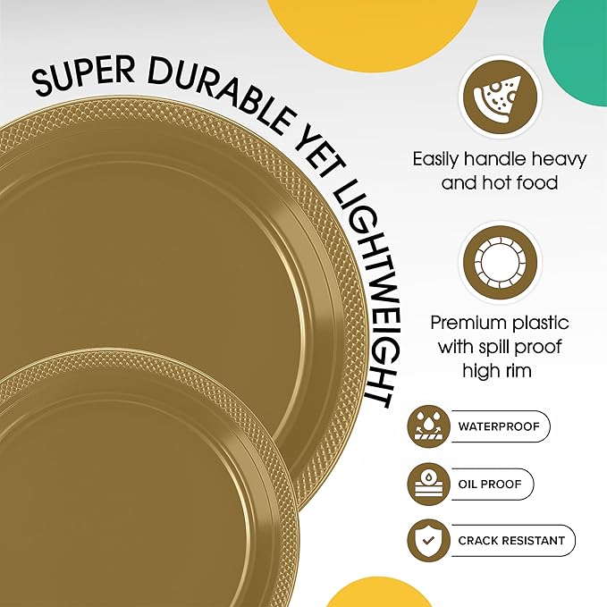 Party Solids Gold Plastic Plates For Party Supplies, Gold Disposable Plates 100 Pieces - 50-7" & 50-9" Heavy Duty 350 GSM Disposable Dinnerware Sets, Plastic Dinnerware Sets