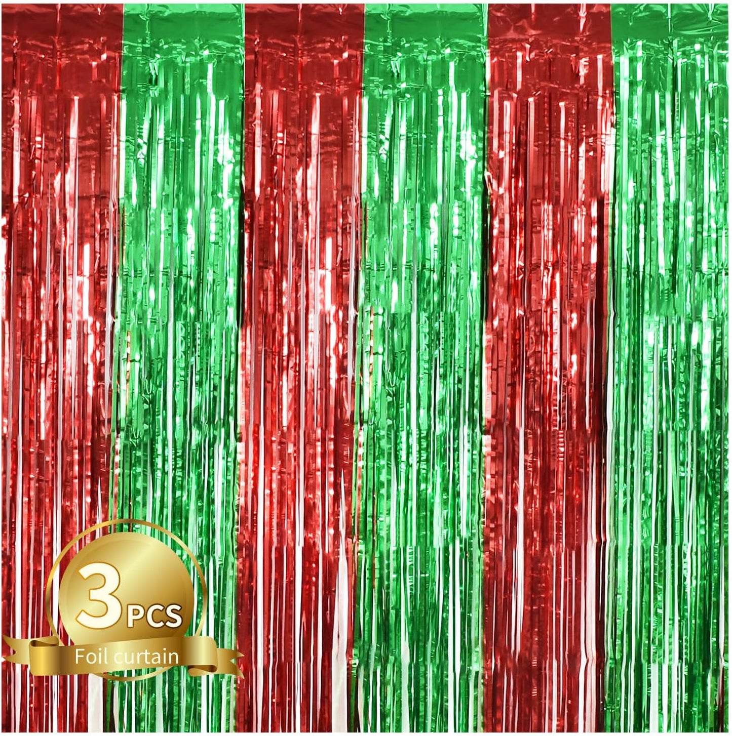 TONIFUL 3Pcs Red Green Door Streamers,Red GreenPhoto Booth Backdrop Metallic Streamers Foil Fringe Curtains for Birthday,Christmas,New Year,Bachelorette,Grad Party Streamers Decor(9.9ft x 6.6ft)