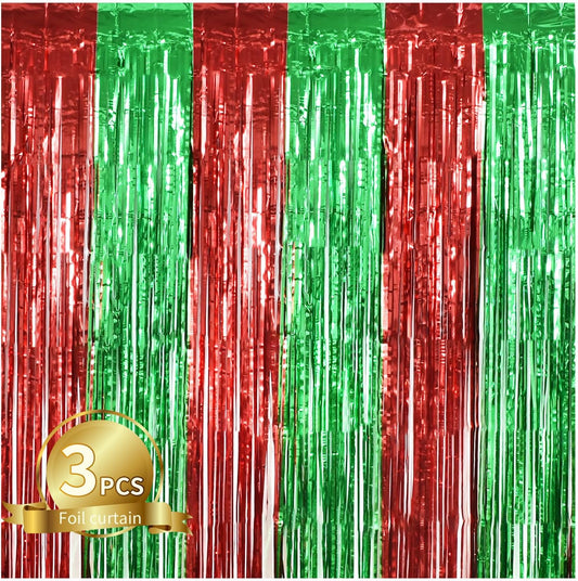 TONIFUL 3Pcs Red Green Door Streamers,Red GreenPhoto Booth Backdrop Metallic Streamers Foil Fringe Curtains for Birthday,Christmas,New Year,Bachelorette,Grad Party Streamers Decor(9.9ft x 6.6ft)