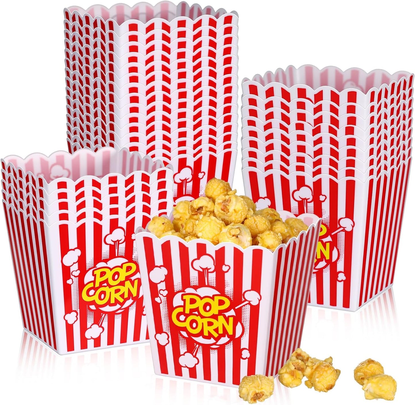 LemonRoad 30 Pcs Plastic Open Top Popcorn Boxes Red and White Striped Classic Popcorn Reusable Movie Theater Style Container Set Bucket Tub for Cinema and Home Use 3.94 Tall x 3.94 Square