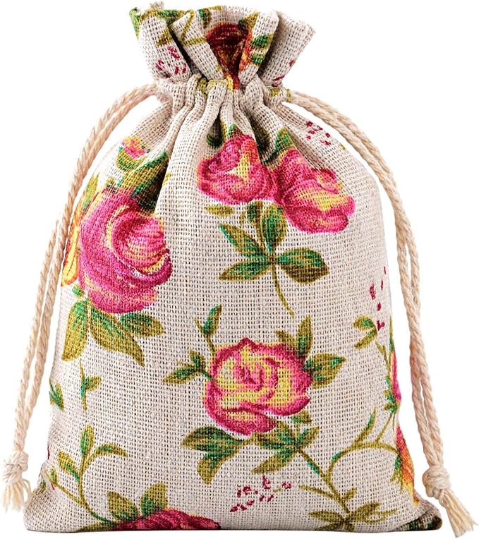 Pangda 30 Pieces Small Size Rose Drawstring Bags Burlap Flower Pouch Bags Linen Gift Jewelry Pouches for Wedding DIY Craft Party (3.9 x 5.3 Inch)