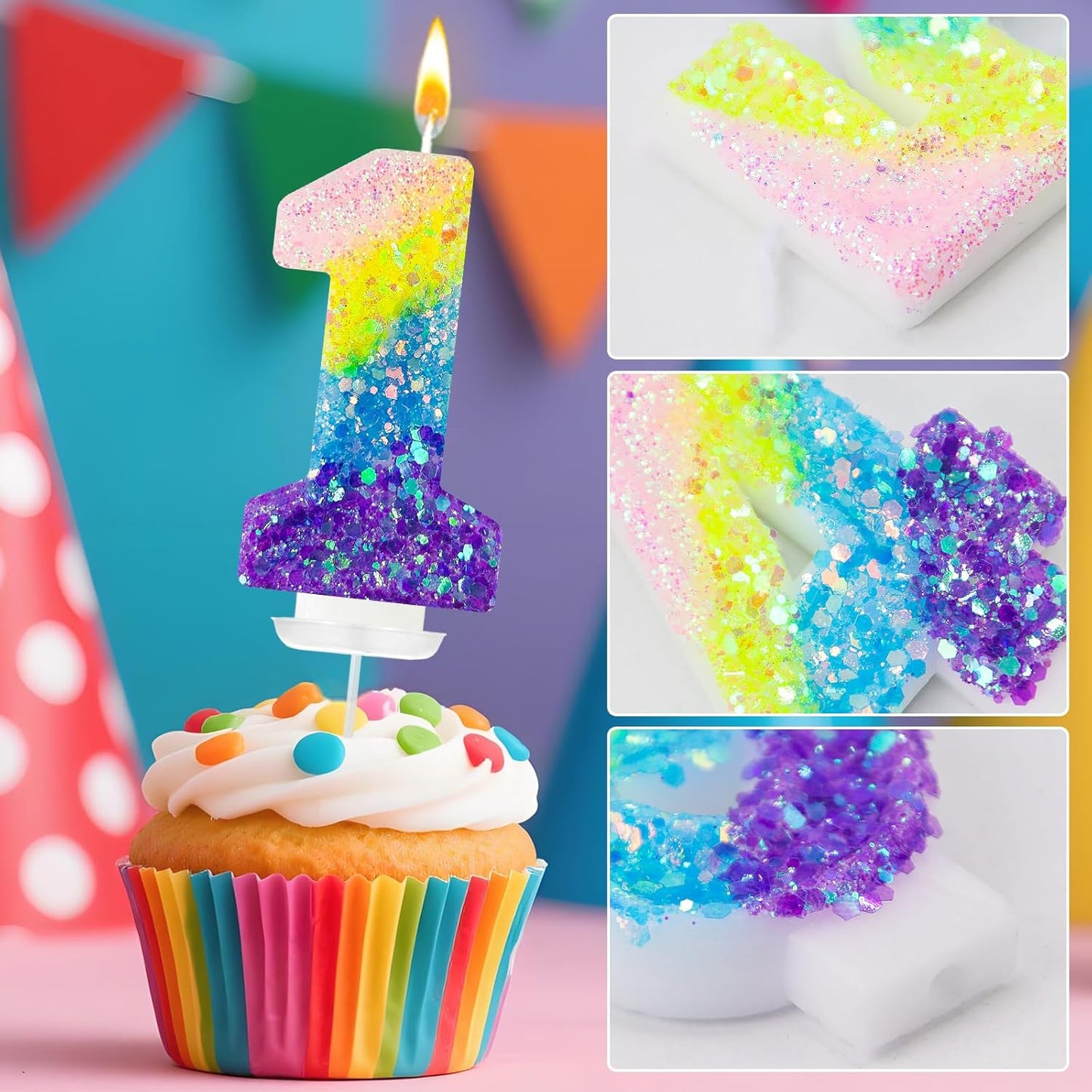 Birthday Candles Pastel Macaron Glitter 3D Rainbow Number Candles for Birthday Cake Girls Women Sweet Theme Birthday Wedding Anniversary Party Cake Decoration (Number 1)