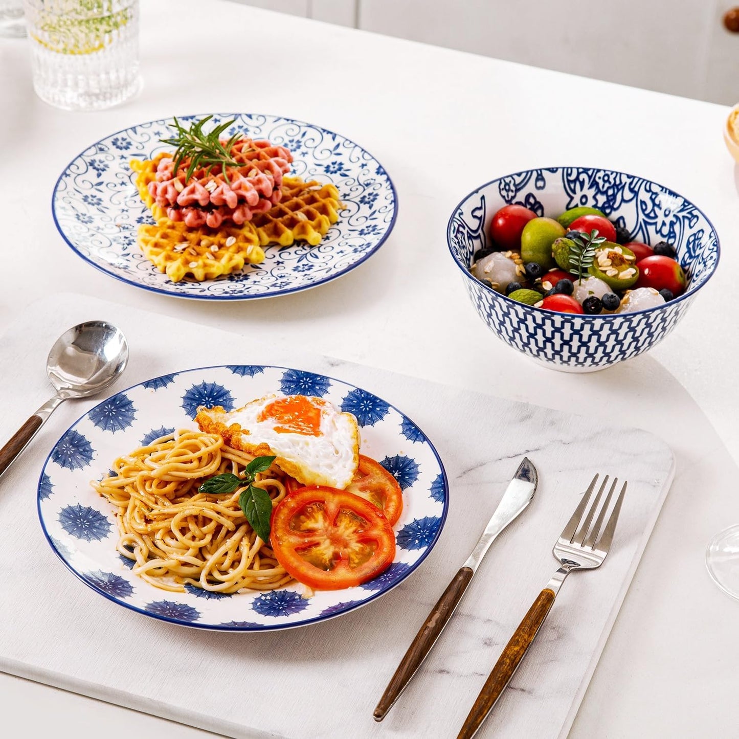 Ceramic Salad Plates Set - 8.5 Inch Kitchen Small Round Dinner - Scratch Resistant Porcelain Microwave Oven Dishwasher Safe - Dishes for Sandwich Dessert Appetizer - Set of 6 - Vintage Blue
