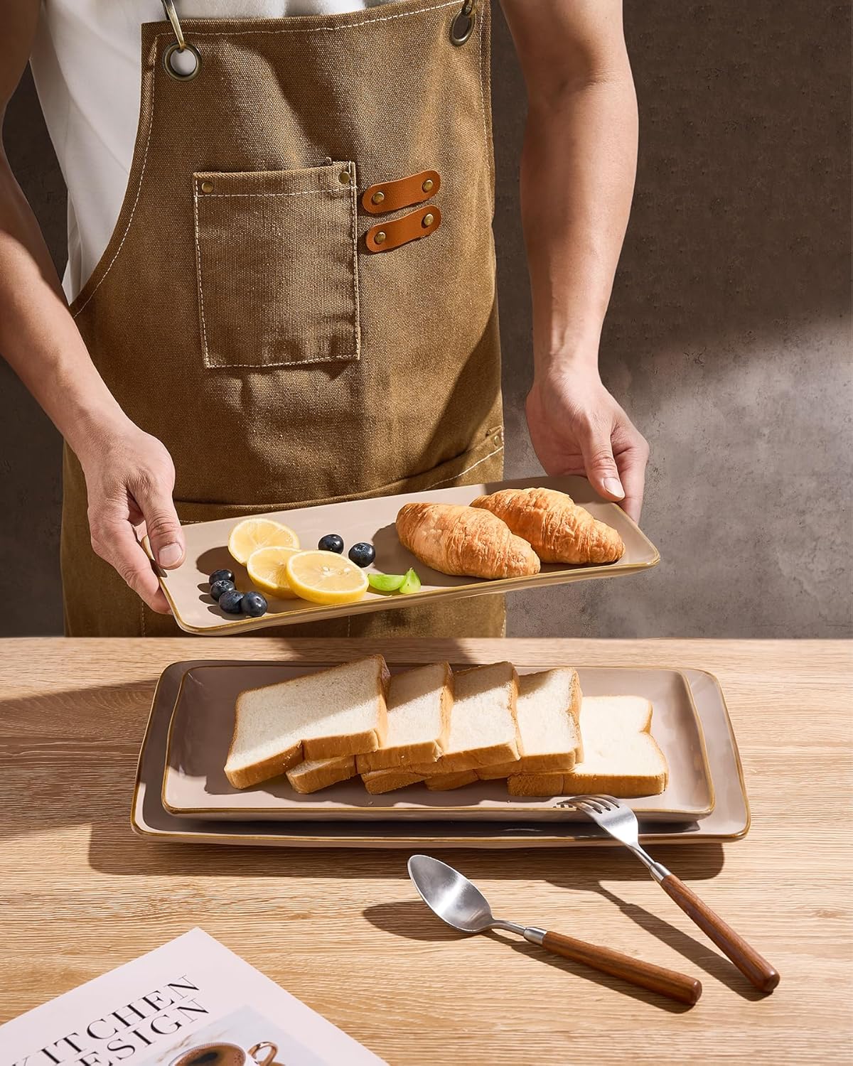 famiware Serving Platter, Rectangular 15.67/14.1/12.6 inch Serving Dishes for Entertaining, Microwave Dishwasher Safe, Stonware Serving Trays for Party, Turkey, Cheese, Ocean Series, Cinnamon Brown