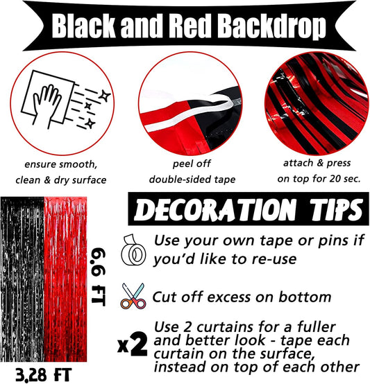 4 Pack 3.2Ft x 6.6Ft Black Red Fringe Curtain Backdrop, Metallic Tinsel Foil Fringe Streamers Curtains Background for Photo Booth Wedding Casino Viva Las Vegas Game Night Birthday Party Decorations