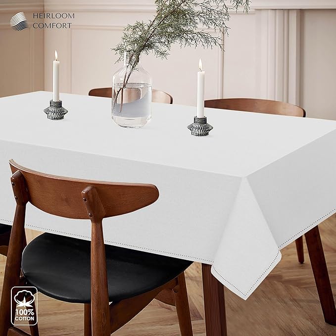White Tablecloth, 100% Cotton, Tabletop 52x70 Inch, Fits 4-6 Seats, Durable, Washable, Rectangle Table Cloth for Dining, Weddings, Holiday Celebrations, Elegant Décor, All Seasons