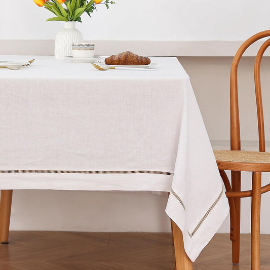 Linen World Hemstitch Linen Tablecloth,100% Natural French Flax,60x90Inch Handcrafted White-Natural Linen Table Cloth,Tabletop,Table Cloths for Kitchen,Dining,Daily Use(White-Natural)
