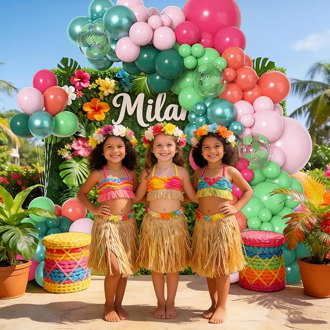 Amandir 153pcs Tropical Balloon Arch Kit, Different Sizes 18 12 10 5 inch Hot Pink Green Orange Palm Leaves Hawaiian Luau Balloons for Summer Aloha Flamingo Birthday Shower Beach Party Decorations