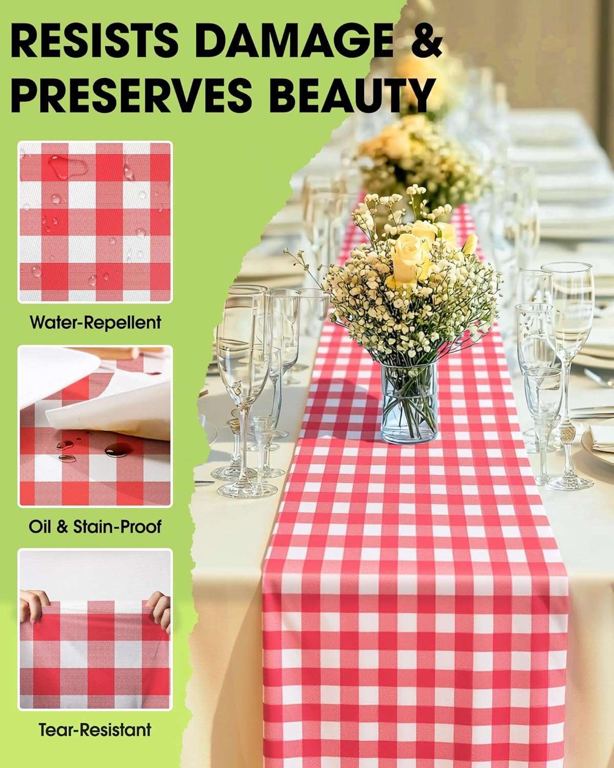 Pureegg Gingham Plastic Table Runners - 12 Pack, 14'' x 108'', Water Resistant & Disposable Plaid Centerpiece Decorations for Table Cloth, Birthday, Holiday, Party, Red and White Checkered Home Decor