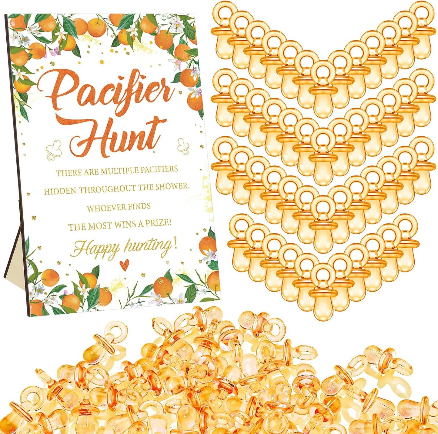 Thyle 51 Pcs Pacifier Hunt Baby Shower Games Include Hunt Sign and 50 Acrylic Pacifiers for Baby Shower Game Decoration Gift Sets Gender Reveal Party Decor(Orange)