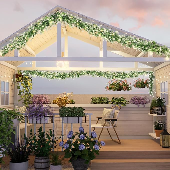 RECUTMS Greenery Vines Garland 3 Pack Artifical Garland with Lights Hanging Greenery Table Garland Greenery Artificial Green Leaves for Mantel Wedding Backdrop Arch Wall Indoor Outdoor Decor(White)