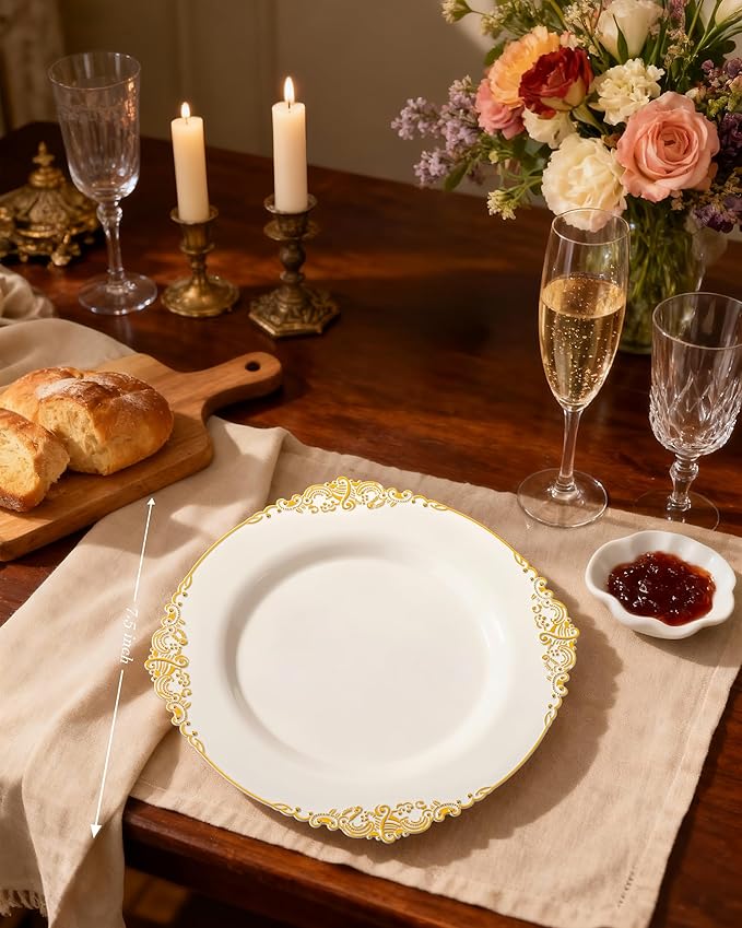 Nervure 100Pcs Ivory Plastic Plates - 7.5inch Ivory and Gold Disposable Plates - Heavyweight Plastic Plate - Dessert Plate for Wedding & Party