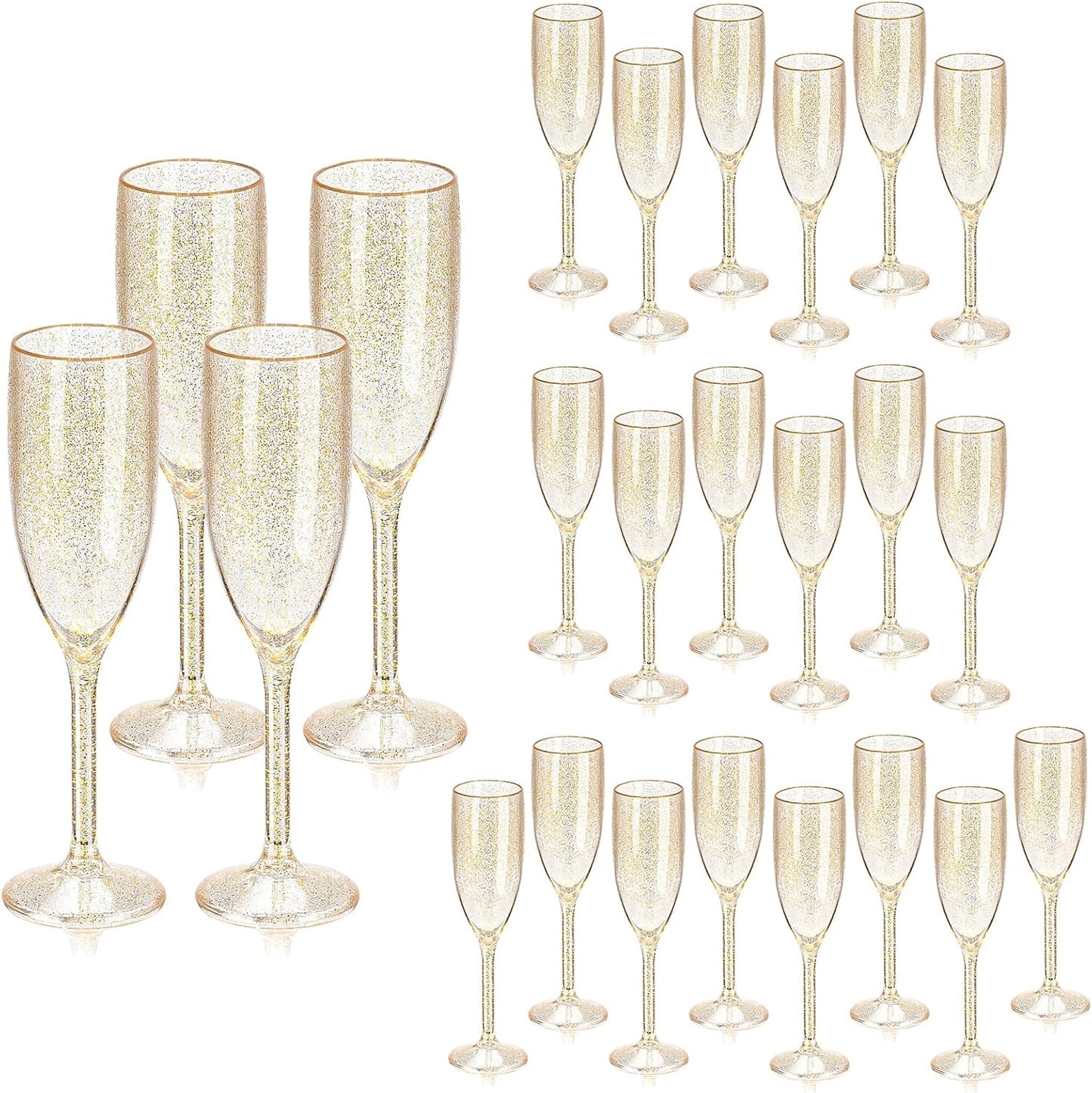 XUWAIDSGN 24 Pcs Champagne Flutes Plastic Wine Glasses Bulk Vintage Champagne Flutes Mimosa Bar Glasses Stemmed Drinking Cups 5.4OZ for Christmas Birthday Wedding Bride (24, Clear gold glitter)