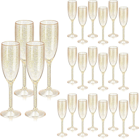 XUWAIDSGN 24 Pcs Champagne Flutes Plastic Wine Glasses Bulk Vintage Champagne Flutes Mimosa Bar Glasses Stemmed Drinking Cups 5.4OZ for Christmas Birthday Wedding Bride (24, Clear gold glitter)